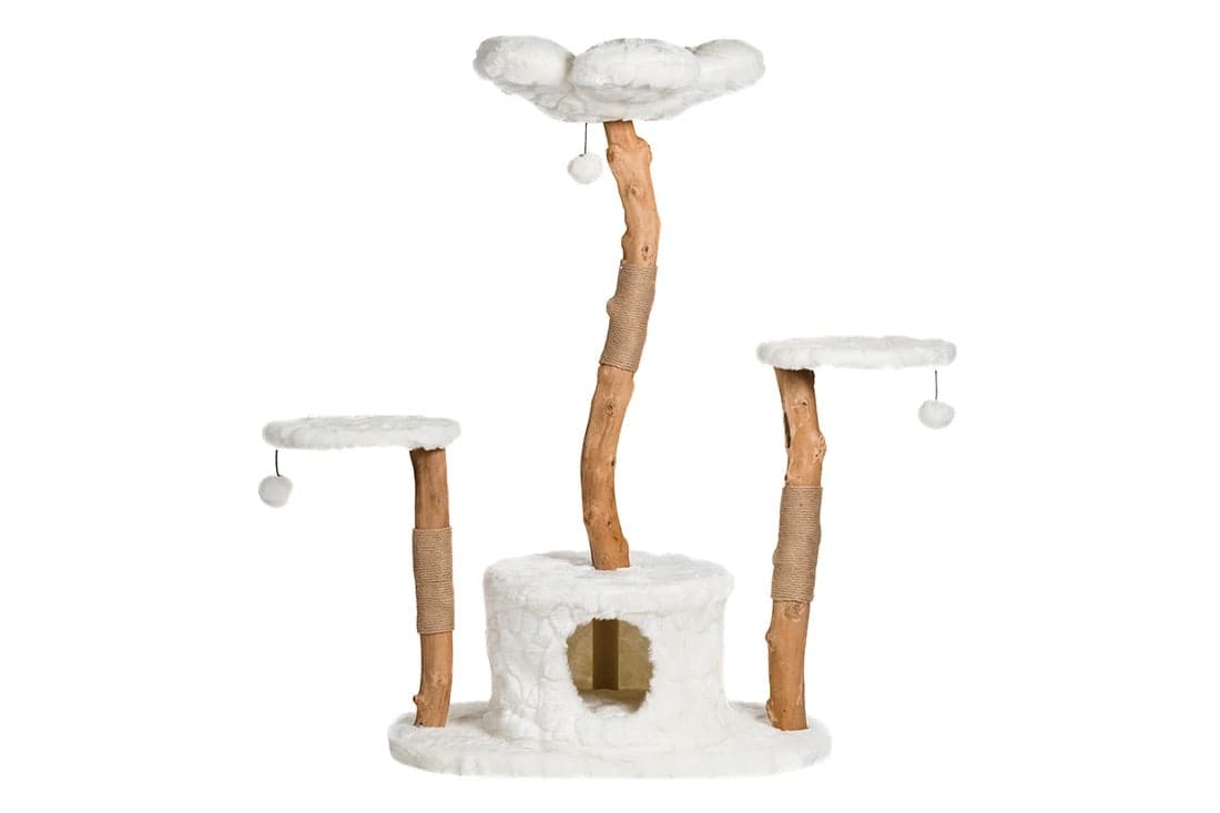 Cat Tree Plush Wooden | W31.5 x H50 in | Multi-Level Tower | Scratching Posts | Pawberry Road