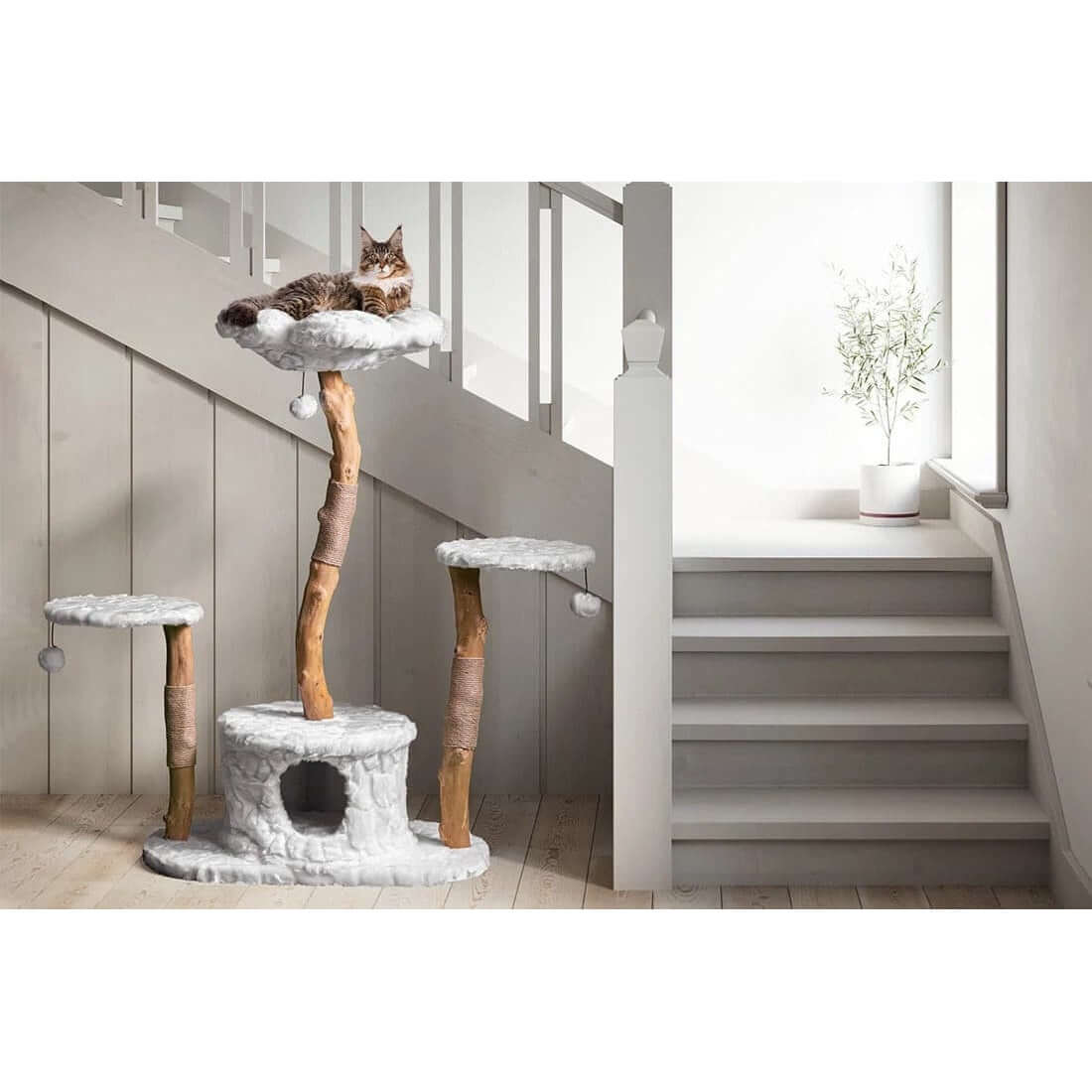 Cat Tree Plush Wooden | W31.5 x H50 in | Multi-Level Tower | Scratching Posts | Pawberry Road