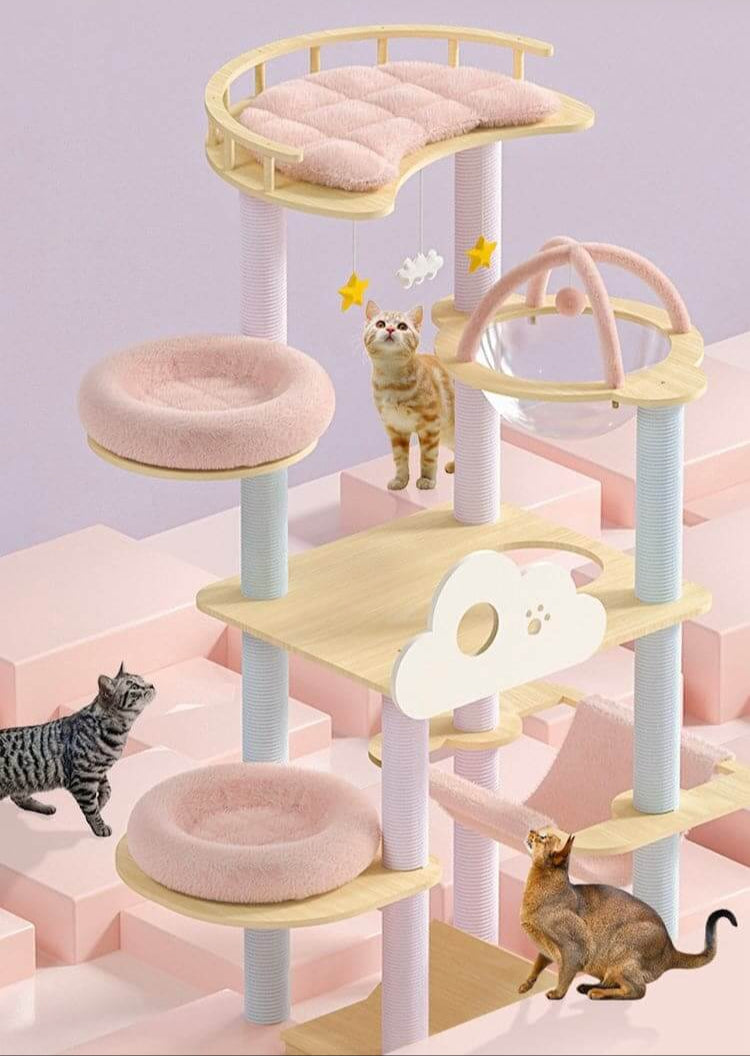 Cat Wooden Tree | Pink | 66.9 x 23.6 x 21.7 in | Multi-Level Play Tower | Solid Wood & Sisal | With Capsule Bed | Pawberry Road