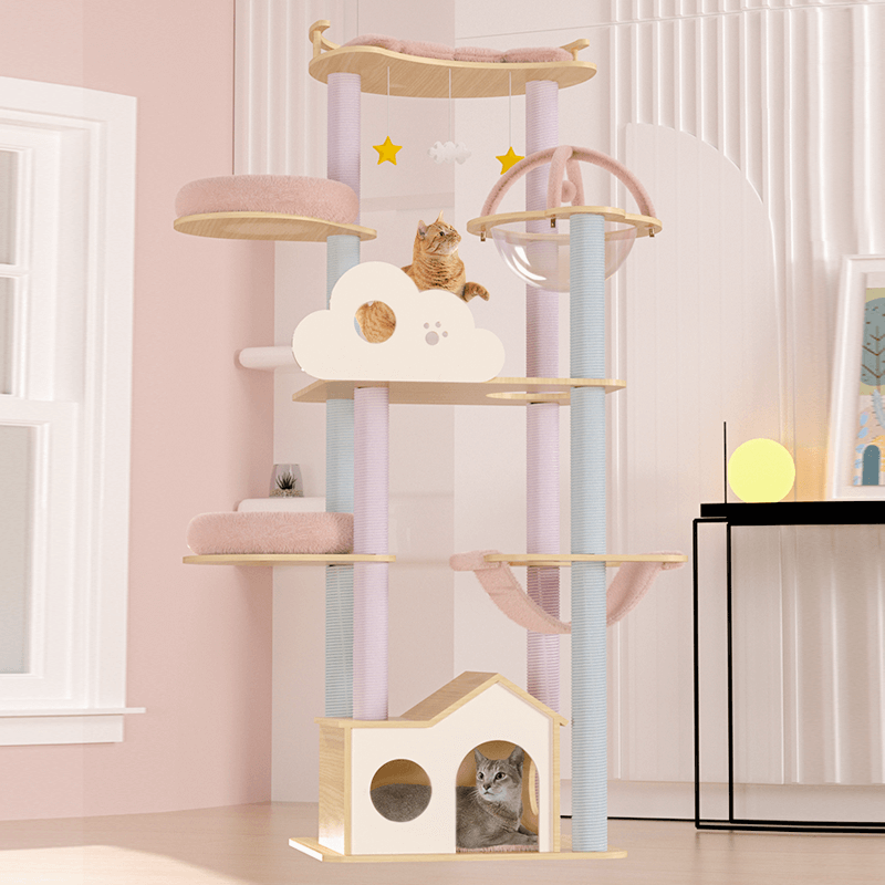 Cat Wooden Tree | Pink | 66.9 x 23.6 x 21.7 in | Multi-Level Play Tower | Solid Wood & Sisal | With Capsule Bed | Pawberry Road