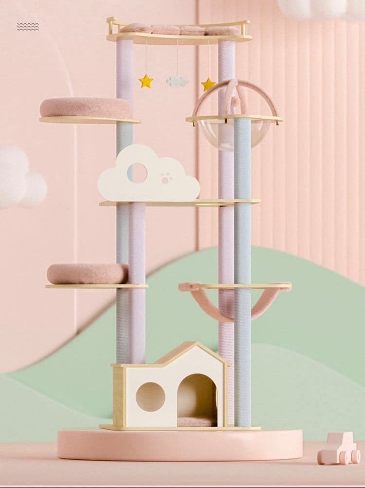Cat Wooden Tree | Pink | 66.9 x 23.6 x 21.7 in | Multi-Level Play Tower | Solid Wood & Sisal | With Capsule Bed | Pawberry Road