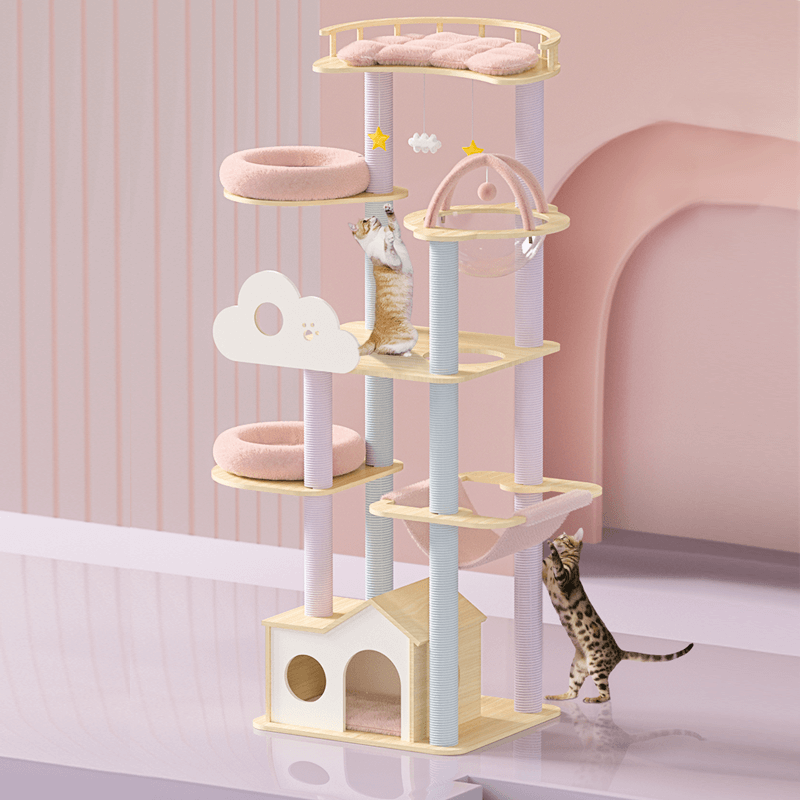 Cat Wooden Tree | Pink | 66.9 x 23.6 x 21.7 in | Multi-Level Play Tower | Solid Wood & Sisal | With Capsule Bed | Pawberry Road