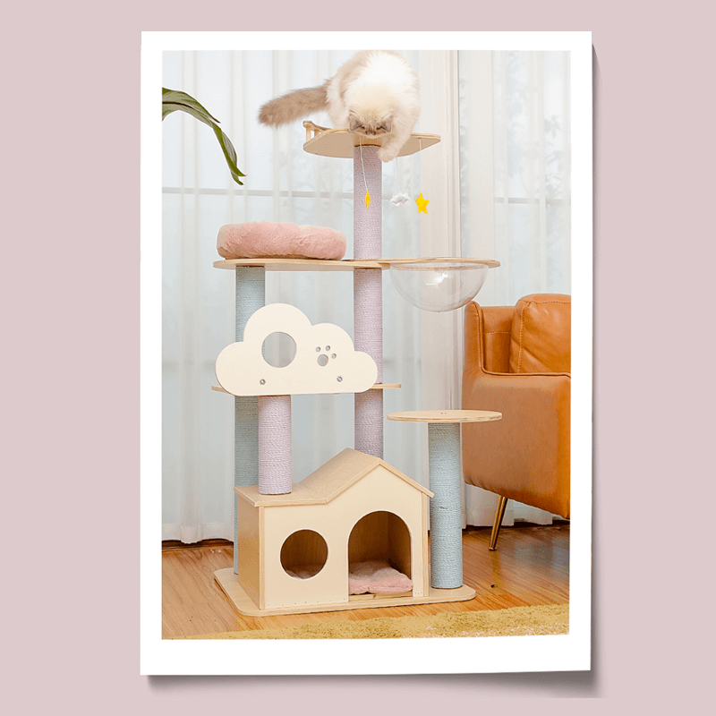 Cat Wooden Tree | Pink | 66.9 x 23.6 x 21.7 in | Multi-Level Play Tower | Solid Wood & Sisal | With Capsule Bed | Pawberry Road