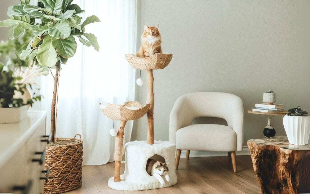 Cat Tree Tower with Scratch Posts | Height 45.5 in | Multi-Level Wood Cat Furniture | Plush Baskets | Pawberry Road