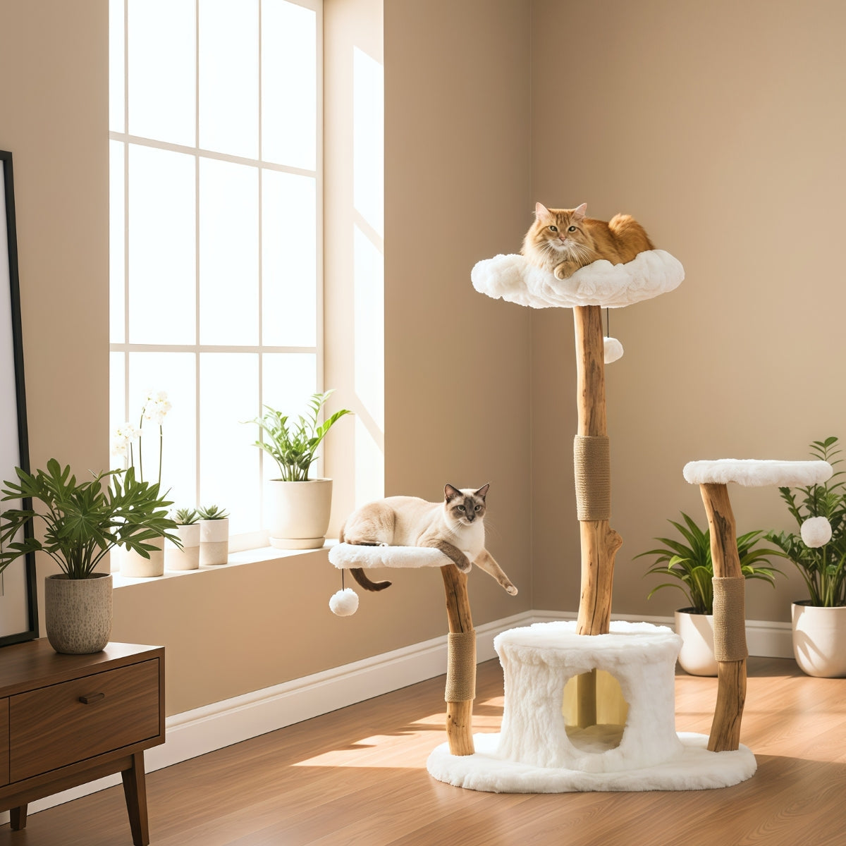 Cat Tree Plush Wooden | W31.5 x H50 in | Multi-Level Tower | Scratching Posts | Pawberry Road