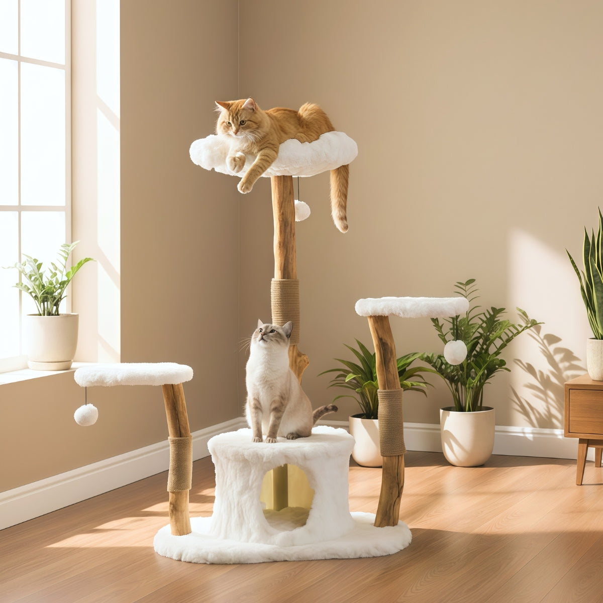 Cat Tree Plush Wooden | W31.5 x H50 in | Multi-Level Tower | Scratching Posts | Pawberry Road