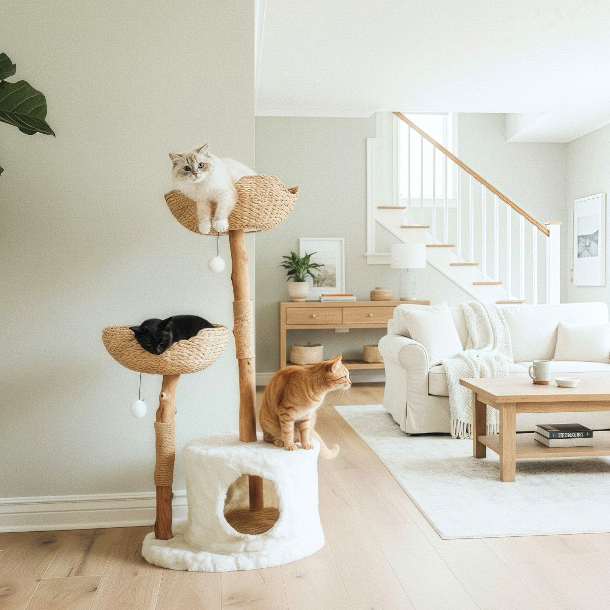 Cat Tree Tower with Scratch Posts | Height 45.5 in | Multi-Level Wood Cat Furniture | Plush Baskets | Pawberry Road