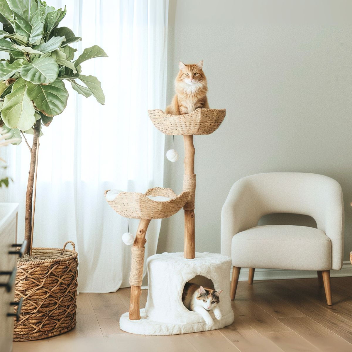 Cat Tree Tower with Scratch Posts | Height 45.5 in | Multi-Level Wood Cat Furniture | Plush Baskets | Pawberry Road