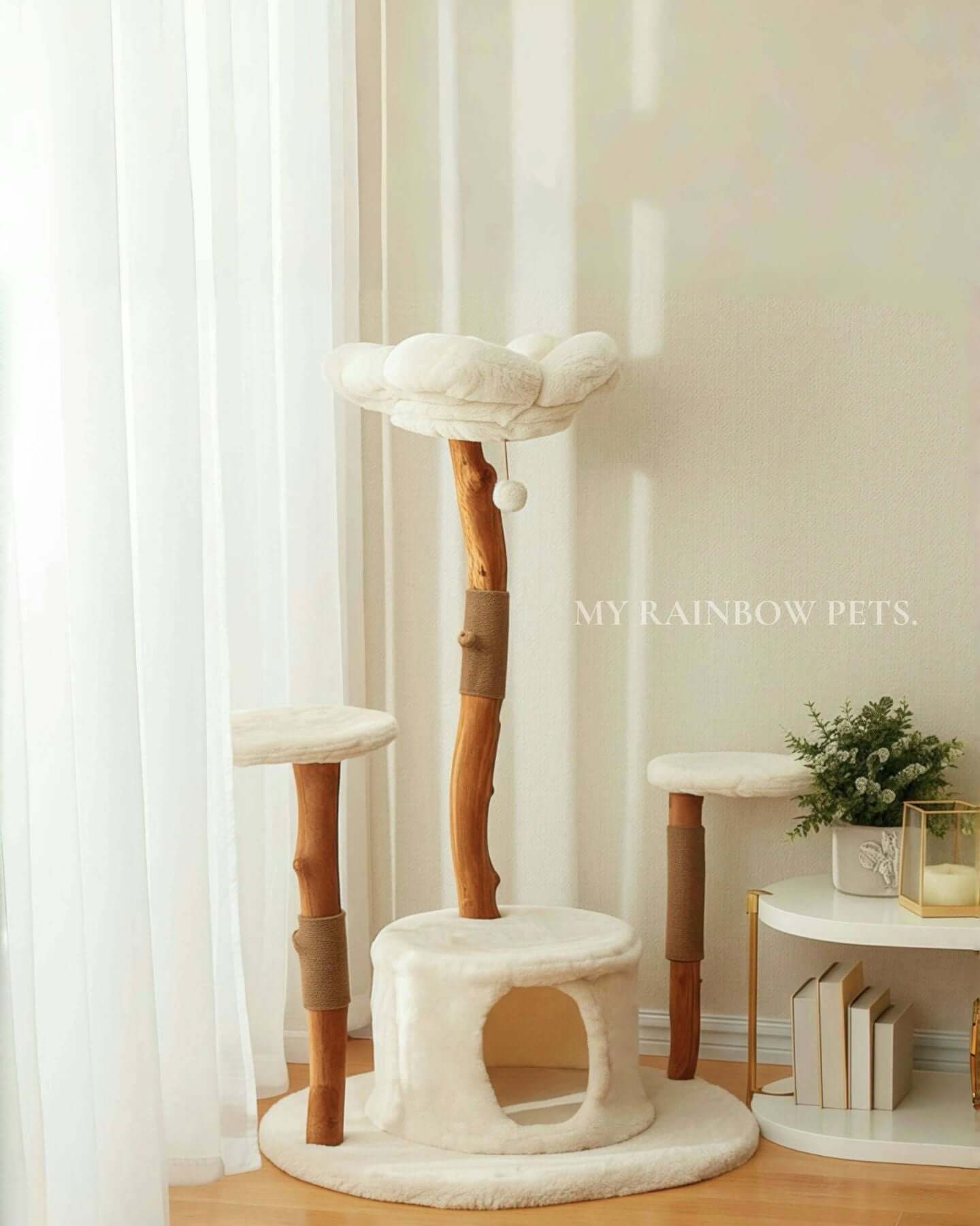 Cat Tree Plush Wooden | W31.5 x H50 in | Multi-Level Tower | Scratching Posts | Pawberry Road