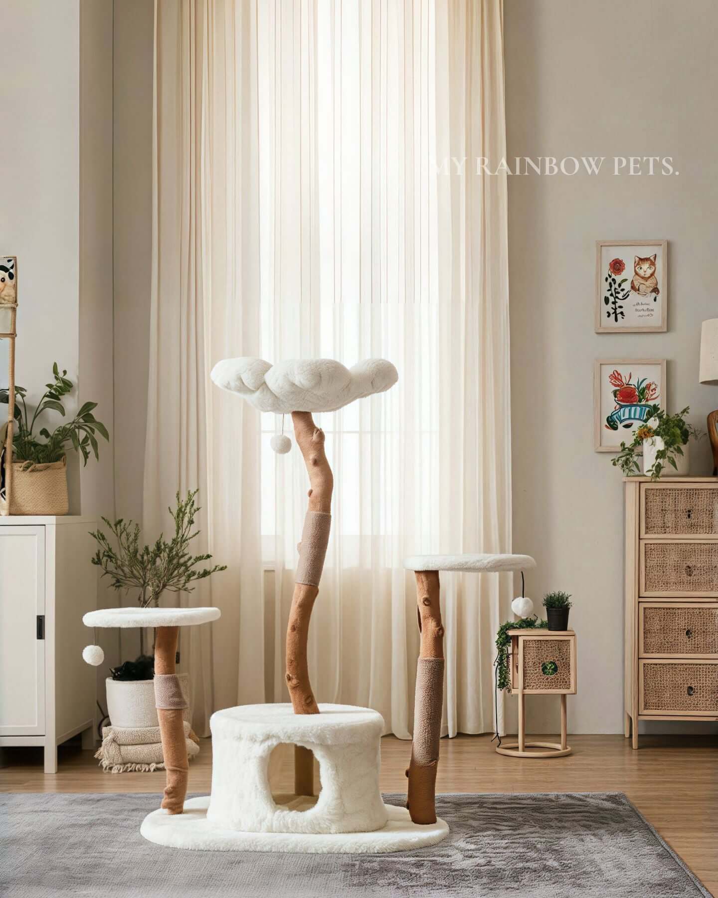 Cat Tree Plush Wooden | W31.5 x H50 in | Multi-Level Tower | Scratching Posts | Pawberry Road