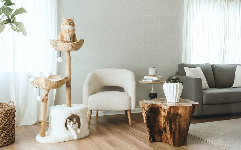 Cat Tree Tower with Scratch Posts | Height 45.5 in | Multi-Level Wood Cat Furniture | Plush Baskets | Pawberry Road