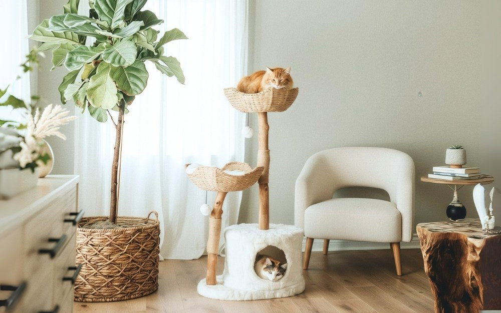 Cat Tree Tower with Scratch Posts | Height 45.5 in | Multi-Level Wood Cat Furniture | Plush Baskets | Pawberry Road