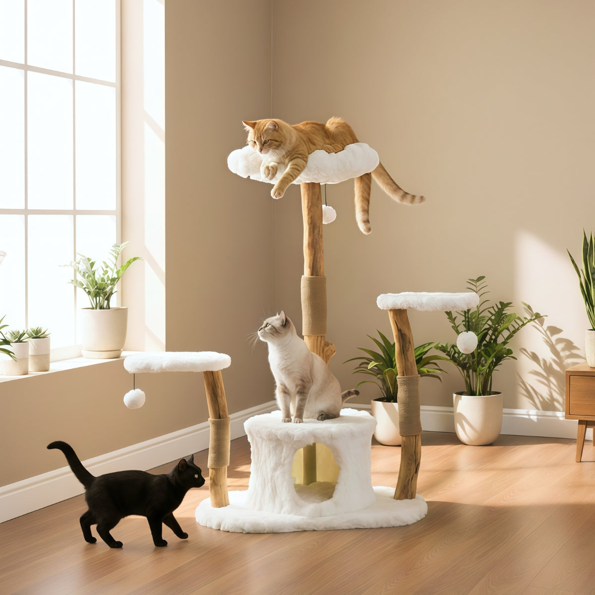 Cat Tree Plush Wooden  | W31.5 x H50 in | Multi-Level Tower | Scratching Posts | Pawberry Road