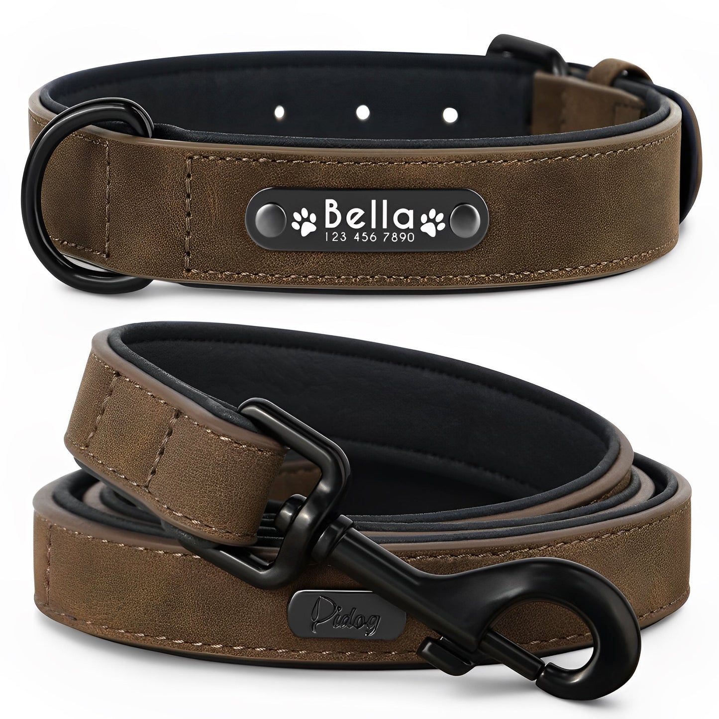 Dog Collar & Leash Set | S - XXL | Personalized Leather Collar-Leash | Engraved Name Tag | Pawberry Road