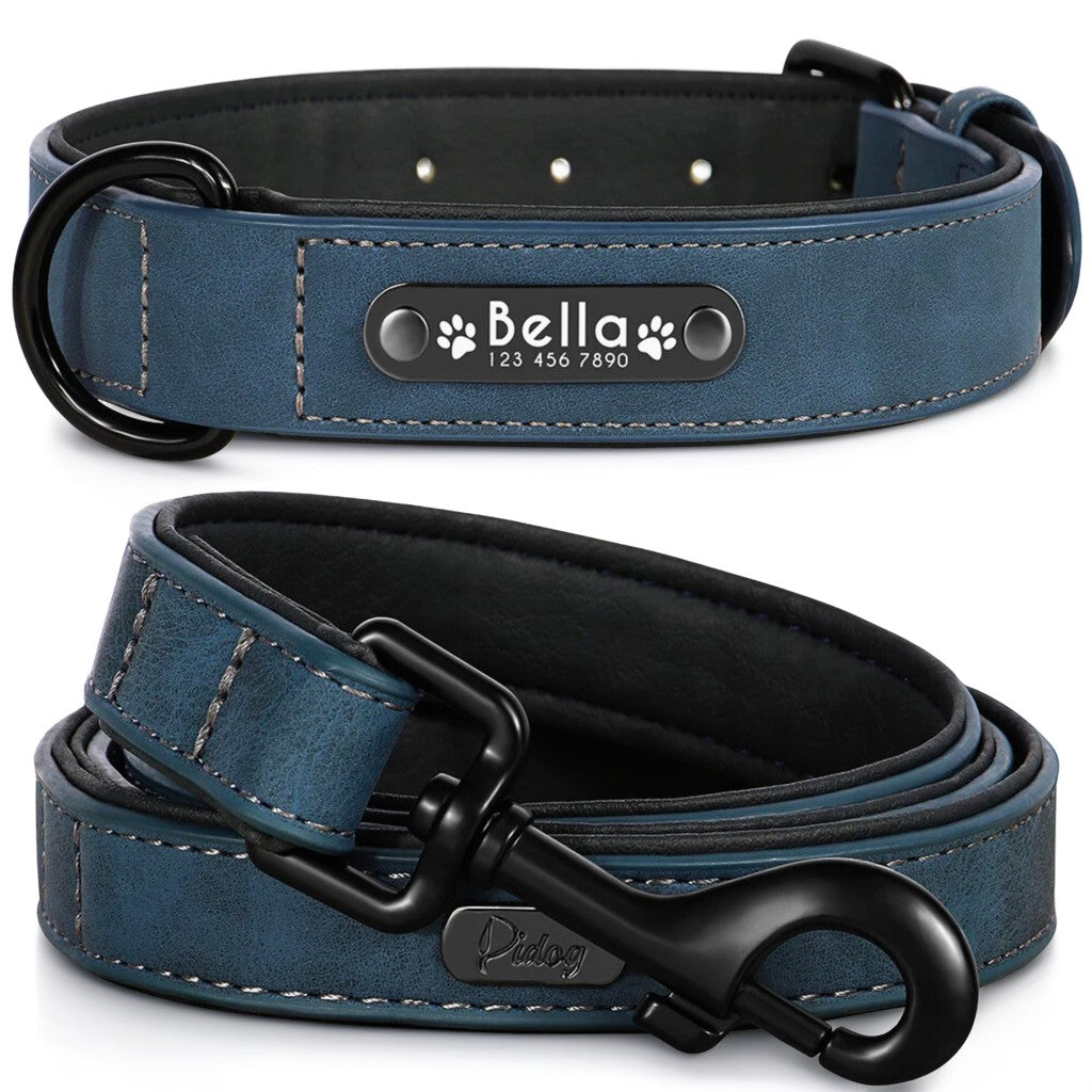 Dog Collar & Leash Set | S - XXL | Personalized Leather Collar-Leash | Engraved Name Tag | Pawberry Road