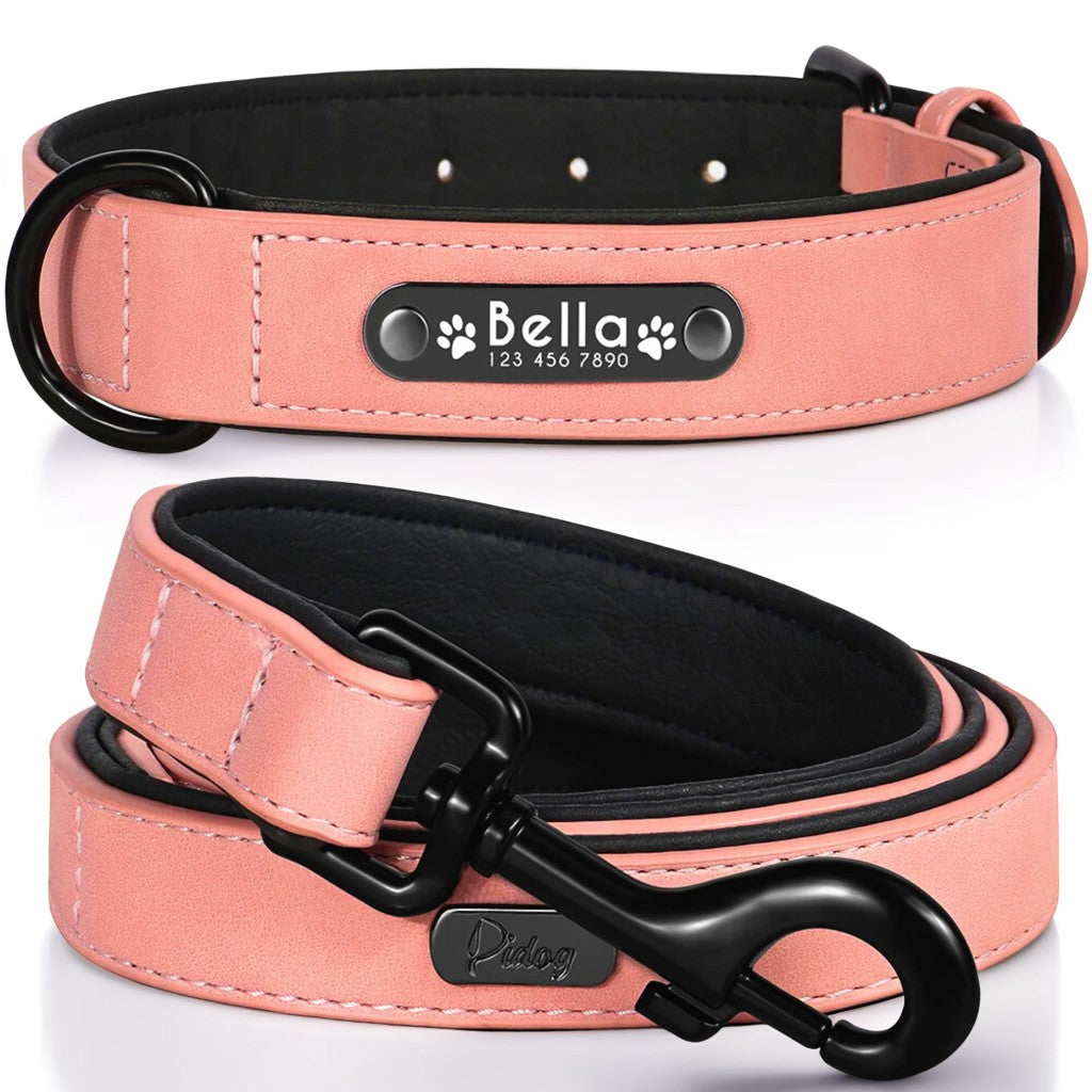 Dog Collar & Leash Set | S - XXL | Personalized Leather Collar-Leash | Engraved Name Tag | Pawberry Road