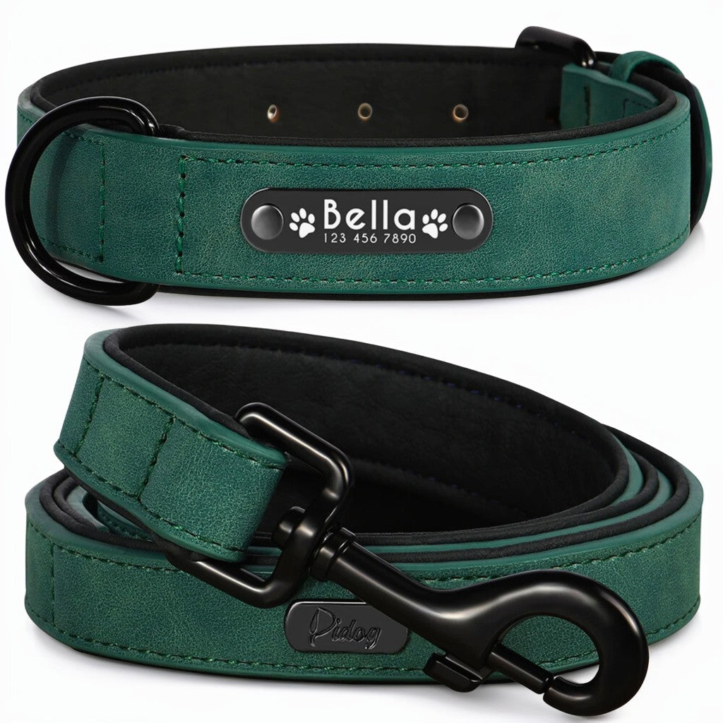 Dog Collar & Leash Set | S - XXL | Personalized Leather Collar-Leash | Engraved Name Tag | Pawberry Road