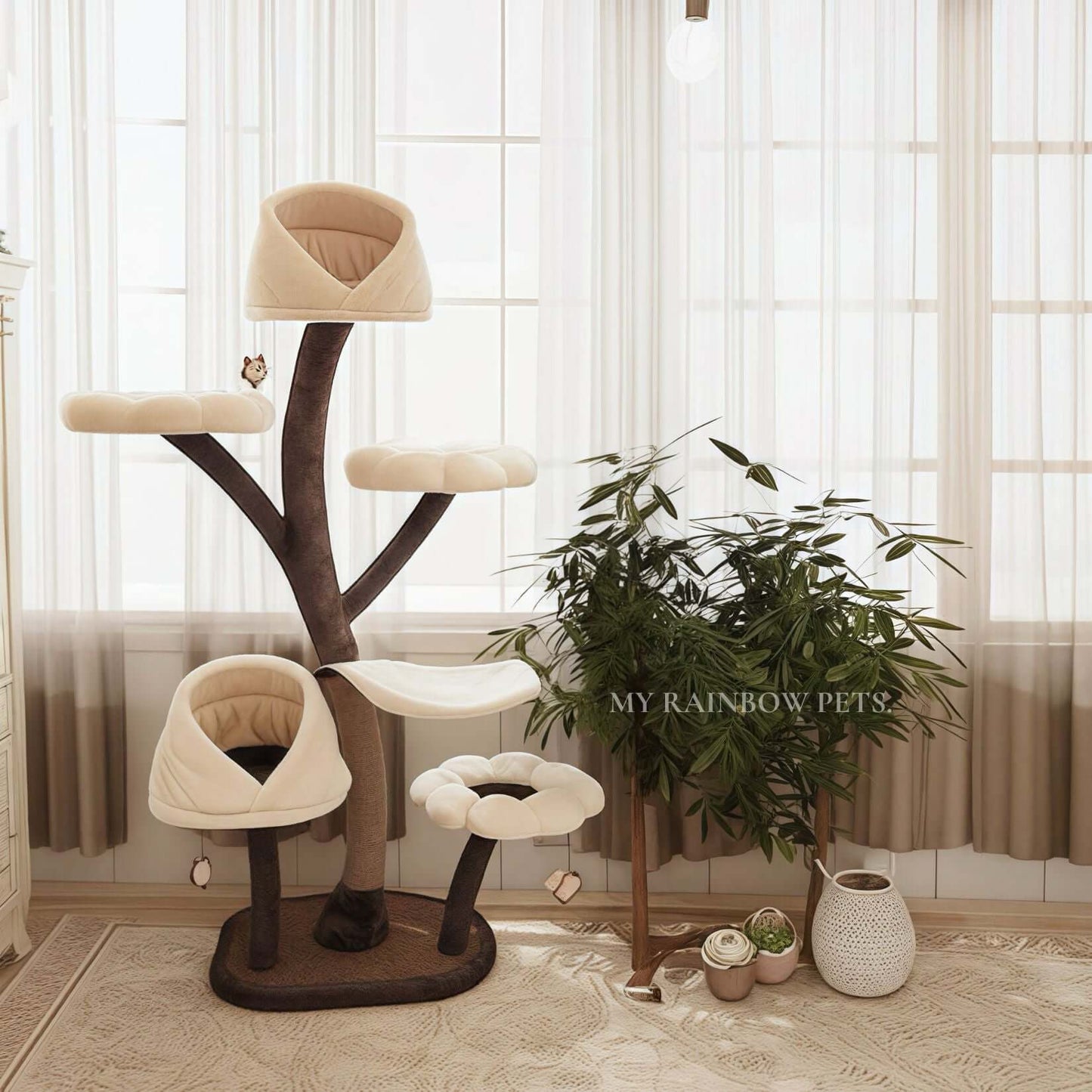 Cat Tree | 23.6 x 20.5 x 63.8 in | Chestnut Fusion Iron Frame | Plush Nest & Sisal | Pawberry Road