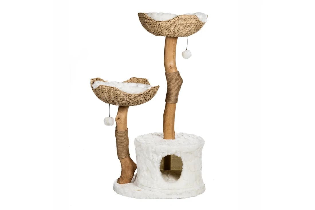 Cat Tree Tower with Scratch Posts | Height 45.5 in | Multi-Level Wood Cat Furniture | Plush Baskets | Pawberry Road