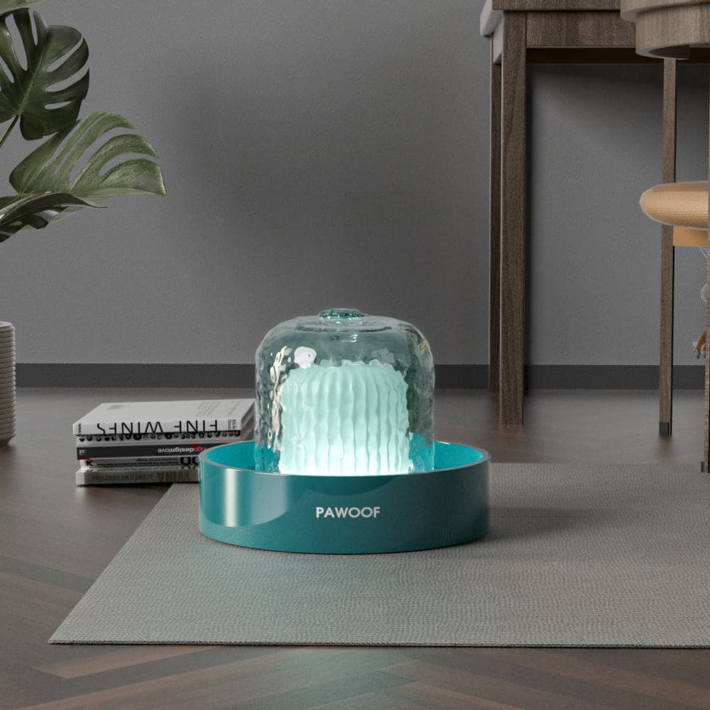 Pet Water Dispenser |  9.8 x 9.8 x 7.9 in | 360 Smart | 2.3L Filtered Fountain with Light | Pawberry Road