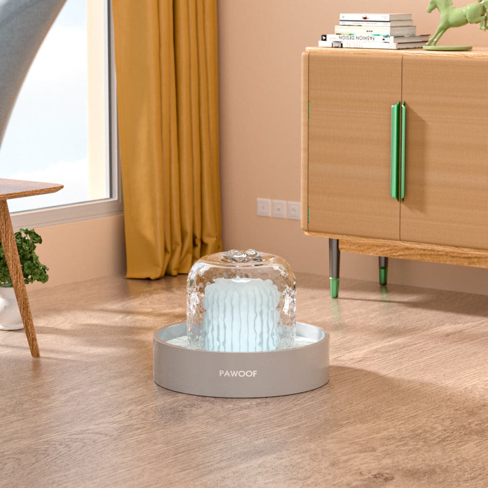 Pet Water Dispenser |  9.8 x 9.8 x 7.9 in | 360 Smart | 2.3L Filtered Fountain with Light | Pawberry Road