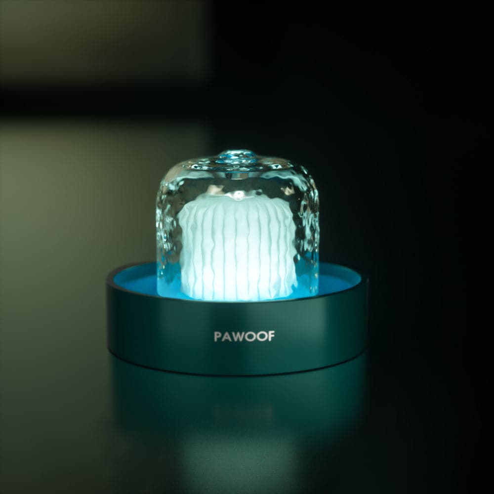 Pet Water Dispenser |  9.8 x 9.8 x 7.9 in | 360 Smart | 2.3L Filtered Fountain with Light | Pawberry Road