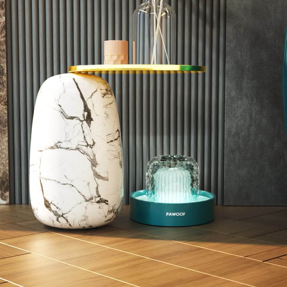 Pet Water Dispenser |  9.8 x 9.8 x 7.9 in | 360 Smart | 2.3L Filtered Fountain with Light | Pawberry Road