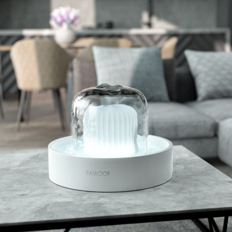 Pet Water Dispenser |  9.8 x 9.8 x 7.9 in | 360 Smart | 2.3L Filtered Fountain with Light | Pawberry Road