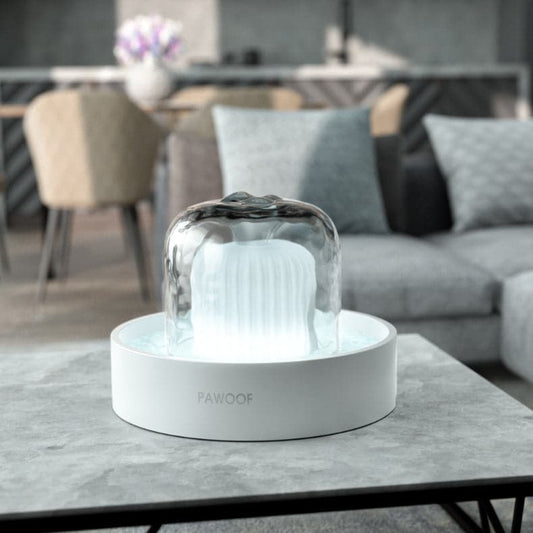 Pet Water Dispenser |  9.8 x 9.8 x 7.9 in | 360 Smart | 2.3L Filtered Fountain with Light | Pawberry Road